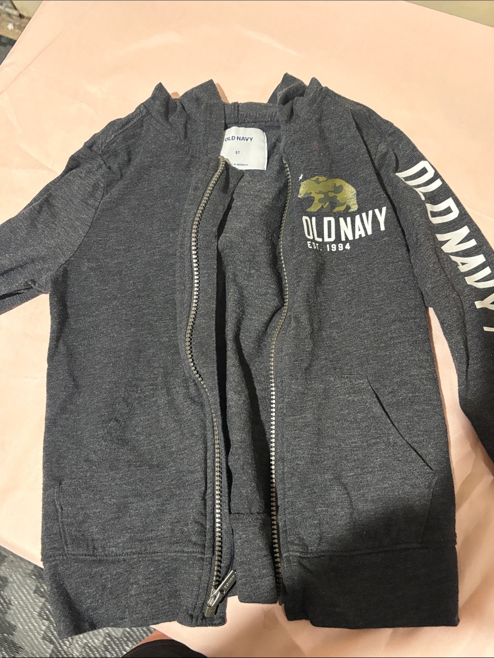 Old Navy Kids Charcoal Gray Zip Hoodie with Camo Bear Logo